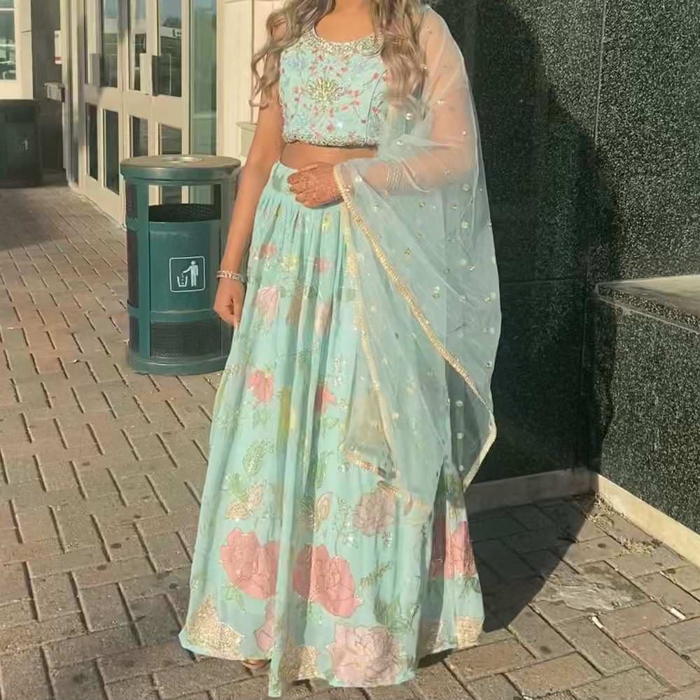 Floral Indian Lehenga - turquoise and gold